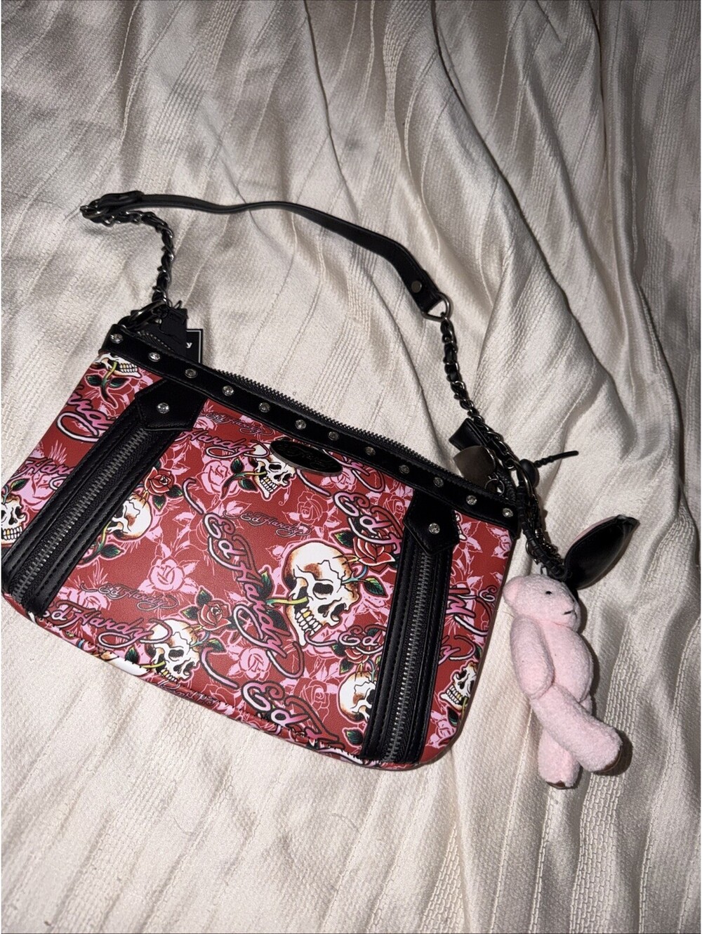 Ed Hardy Pink/ Red Hand Bag with Teddy Bear/heart  Accent Keychains